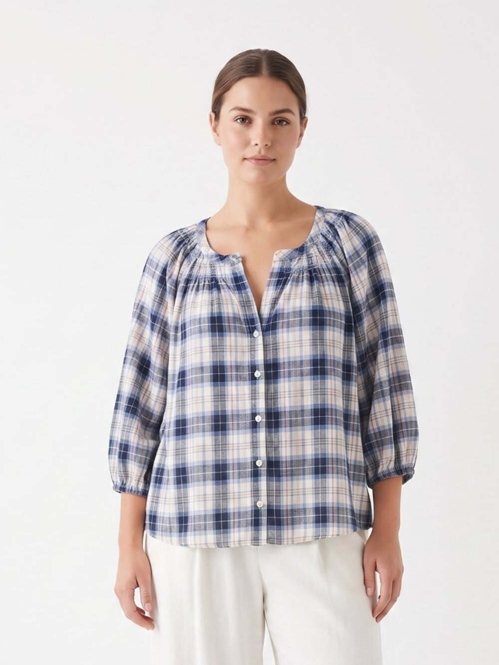 Gap Blouse Blue Plaid Peasant Boho Casual Button Up L